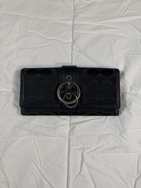 Coach Signature Buckle Slim Envelope Wallet, Black Canvas & Lavender Interior